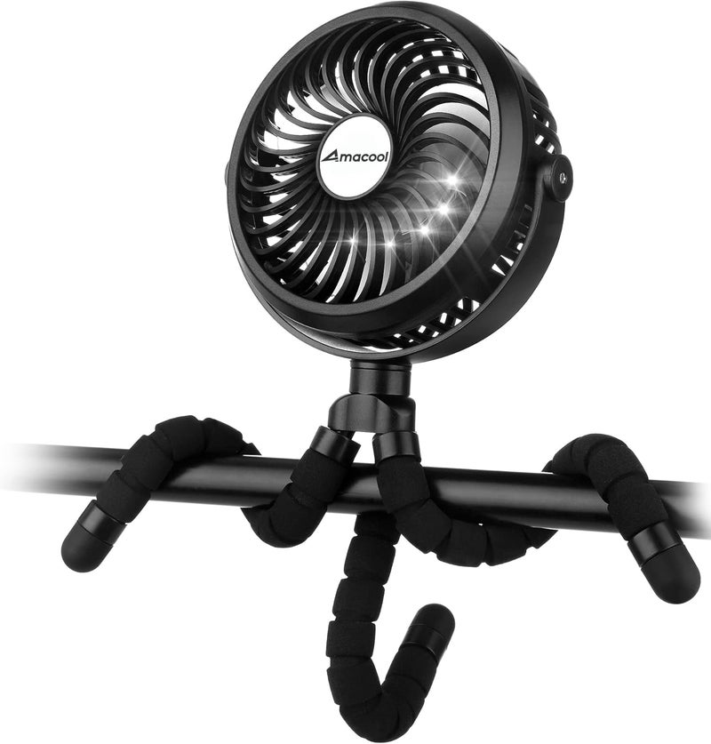 AMACOOL Battery Operated Stroller Fan Flexible Tripod Clip On Fan with 3 Speeds and Rotatable Handheld Personal Fans for Car Seat Crib Bike Treadmill (Black) - Image 1